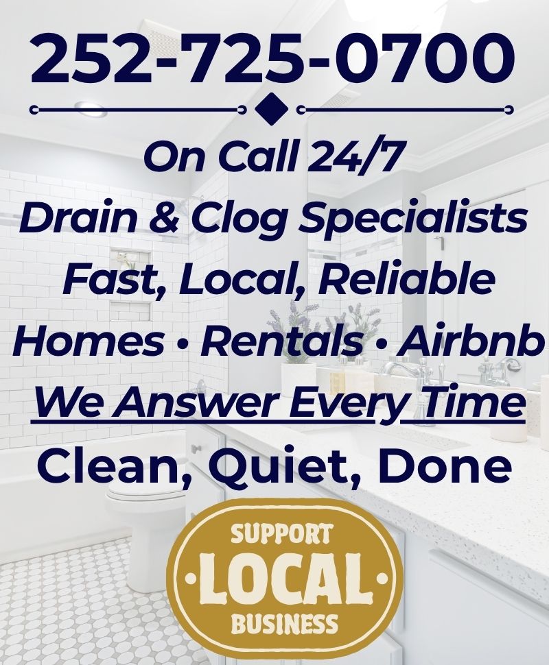 24/7 emergency drain and sewer clearing service in Carteret County — fast local response for homeowners, rentals, and Airbnb properties.